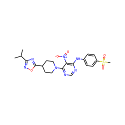 CC(C)c1noc(C2CCN(c3ncnc(Nc4ccc(S(C)(=O)=O)cc4)c3[N+](=O)[O-])CC2)n1 ZINC000040873673