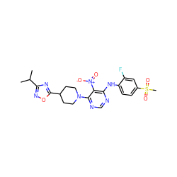 CC(C)c1noc(C2CCN(c3ncnc(Nc4ccc(S(C)(=O)=O)cc4F)c3[N+](=O)[O-])CC2)n1 ZINC000040861018