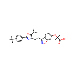 CC(C)c1oc(-c2ccc(C(C)(C)C)cc2)nc1CCc1noc2cc(OC(C)(C)C(=O)O)ccc12 ZINC000071341094