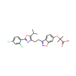 CC(C)c1oc(-c2ccc(Cl)cc2Cl)nc1CCc1noc2cc(OC(C)(C)C(=O)O)ccc12 ZINC000034001583