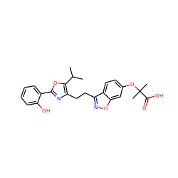 CC(C)c1oc(-c2ccccc2O)nc1CCc1noc2cc(OC(C)(C)C(=O)O)ccc12 ZINC000071340511