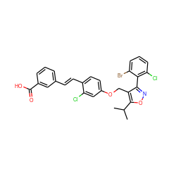 CC(C)c1onc(-c2c(Cl)cccc2Br)c1COc1ccc(/C=C/c2cccc(C(=O)O)c2)c(Cl)c1 ZINC000026746461