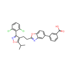 CC(C)c1onc(-c2c(Cl)cccc2Cl)c1CCc1nc2cc(-c3cccc(C(=O)O)c3)ccc2o1 ZINC000043063208