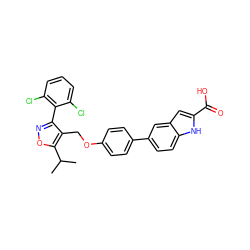 CC(C)c1onc(-c2c(Cl)cccc2Cl)c1COc1ccc(-c2ccc3[nH]c(C(=O)O)cc3c2)cc1 ZINC000072125913