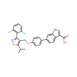 CC(C)c1onc(-c2c(Cl)cccc2Cl)c1COc1ccc(-c2ccc3c(C(=O)O)c[nH]c3c2)cc1 ZINC000072126044