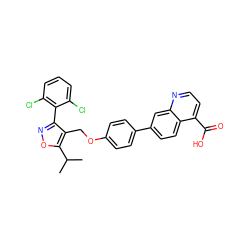 CC(C)c1onc(-c2c(Cl)cccc2Cl)c1COc1ccc(-c2ccc3c(C(=O)O)ccnc3c2)cc1 ZINC000066077688