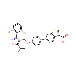 CC(C)c1onc(-c2c(Cl)cccc2Cl)c1COc1ccc(-c2ccc3c(C(=O)O)csc3c2)cc1 ZINC000072122925