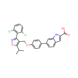 CC(C)c1onc(-c2c(Cl)cccc2Cl)c1COc1ccc(-c2ccc3cc(C(=O)O)[nH]c3c2)cc1 ZINC000072125848