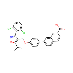 CC(C)c1onc(-c2c(Cl)cccc2Cl)c1COc1ccc(-c2ccc3ccc(C(=O)O)cc3c2)cc1 ZINC000042875159