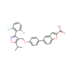 CC(C)c1onc(-c2c(Cl)cccc2Cl)c1COc1ccc(-c2ccc3oc(C(=O)O)cc3c2)cc1 ZINC000072125912