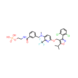 CC(C)c1onc(-c2c(Cl)cccc2Cl)c1COc1ccc(N(C)Cc2cccc(C(=O)NCCOP(=O)(O)O)c2)c(C(F)(F)F)n1 ZINC000058591476