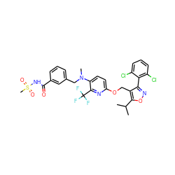 CC(C)c1onc(-c2c(Cl)cccc2Cl)c1COc1ccc(N(C)Cc2cccc(C(=O)NS(C)(=O)=O)c2)c(C(F)(F)F)n1 ZINC000058591474