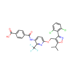 CC(C)c1onc(-c2c(Cl)cccc2Cl)c1COc1ccc(NC(=O)c2ccc(C(=O)O)cc2)c(C(F)(F)F)n1 ZINC000058650471