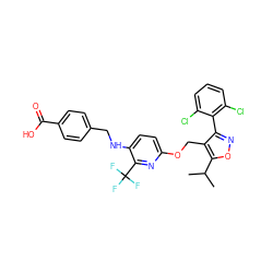 CC(C)c1onc(-c2c(Cl)cccc2Cl)c1COc1ccc(NCc2ccc(C(=O)O)cc2)c(C(F)(F)F)n1 ZINC000058538443