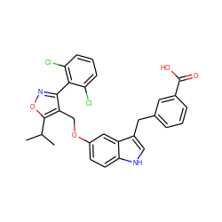 CC(C)c1onc(-c2c(Cl)cccc2Cl)c1COc1ccc2[nH]cc(Cc3cccc(C(=O)O)c3)c2c1 ZINC000084725288