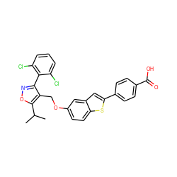 CC(C)c1onc(-c2c(Cl)cccc2Cl)c1COc1ccc2sc(-c3ccc(C(=O)O)cc3)cc2c1 ZINC000043071252