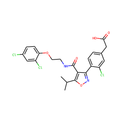 CC(C)c1onc(-c2ccc(CC(=O)O)cc2Cl)c1C(=O)NCCOc1ccc(Cl)cc1Cl ZINC000037866930