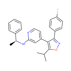 CC(C)c1onc(-c2ccc(F)cc2)c1-c1ccnc(N[C@@H](C)c2ccccc2)c1 ZINC000045287597