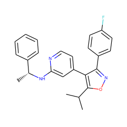 CC(C)c1onc(-c2ccc(F)cc2)c1-c1ccnc(N[C@H](C)c2ccccc2)c1 ZINC000045287595