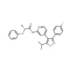 CC(C)c1onc(-c2ccc(F)cc2)c1-c1ccnc(NC(=O)[C@@H](C)Oc2ccccc2)c1 ZINC000045246054