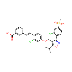 CC(C)c1onc(-c2ccc(S(C)(=O)=O)cc2Cl)c1COc1ccc(/C=C/c2cccc(C(=O)O)c2)c(Cl)c1 ZINC000044404524