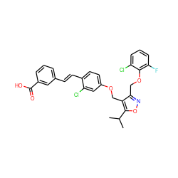 CC(C)c1onc(COc2c(F)cccc2Cl)c1COc1ccc(/C=C/c2cccc(C(=O)O)c2)c(Cl)c1 ZINC000049881613