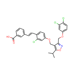 CC(C)c1onc(COc2ccc(Cl)c(Cl)c2)c1COc1ccc(/C=C/c2cccc(C(=O)O)c2)c(Cl)c1 ZINC000044265549