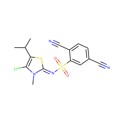 CC(C)c1s/c(=N\S(=O)(=O)c2cc(C#N)ccc2C#N)n(C)c1Cl ZINC000014944775