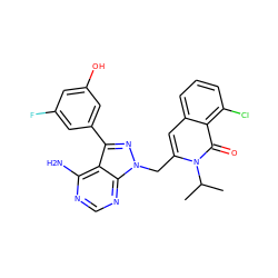 CC(C)n1c(Cn2nc(-c3cc(O)cc(F)c3)c3c(N)ncnc32)cc2cccc(Cl)c2c1=O ZINC000088346174