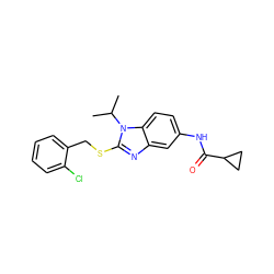 CC(C)n1c(SCc2ccccc2Cl)nc2cc(NC(=O)C3CC3)ccc21 ZINC000028523091