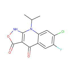 CC(C)n1c2cc(Cl)c(F)cc2c(=O)c2c(=O)o[nH]c21 ZINC000100412986