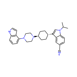 CC(C)n1cc([C@H]2CC[C@H](N3CCN(c4cccc5[nH]ccc45)CC3)CC2)c2cc(C#N)ccc21 ZINC000101639193