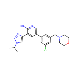 CC(C)n1cc(-c2cc(-c3cc(Cl)cc(CN4CCOCC4)c3)cnc2N)nn1 ZINC000142824021