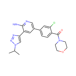 CC(C)n1cc(-c2cc(-c3ccc(C(=O)N4CCOCC4)c(Cl)c3)cnc2N)nn1 ZINC000142719035