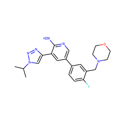 CC(C)n1cc(-c2cc(-c3ccc(F)c(CN4CCOCC4)c3)cnc2N)nn1 ZINC000142688187