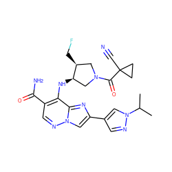 CC(C)n1cc(-c2cn3ncc(C(N)=O)c(N[C@@H]4CN(C(=O)C5(C#N)CC5)C[C@@H]4CF)c3n2)cn1 ZINC001772593591