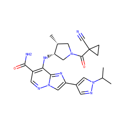 CC(C)n1cc(-c2cn3ncc(C(N)=O)c(N[C@H]4CN(C(=O)C5(C#N)CC5)C[C@H]4C)c3n2)cn1 ZINC001772620839