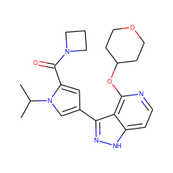 CC(C)n1cc(-c2n[nH]c3ccnc(OC4CCOCC4)c23)cc1C(=O)N1CCC1 ZINC000114773187