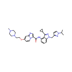 CC(C)n1ccc(Cn2nc(C3CC3)c3c(NC(=O)c4cnc5cc(OCCN6CCN(C)CC6)ccn45)cccc32)n1 ZINC000117895820