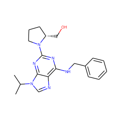 CC(C)n1cnc2c(NCc3ccccc3)nc(N3CCC[C@@H]3CO)nc21 ZINC000003952305