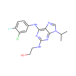 CC(C)n1cnc2c(Nc3ccc(F)c(Cl)c3)nc(NCCO)nc21 ZINC000015974678