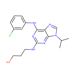 CC(C)n1cnc2c(Nc3cccc(Cl)c3)nc(NCCCO)nc21 ZINC000013682628