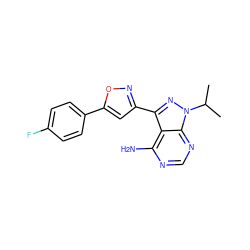 CC(C)n1nc(-c2cc(-c3ccc(F)cc3)on2)c2c(N)ncnc21 ZINC000653775537