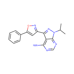 CC(C)n1nc(-c2cc(-c3ccccc3)on2)c2c(N)ncnc21 ZINC000653775556