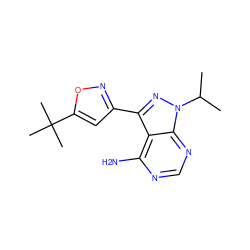 CC(C)n1nc(-c2cc(C(C)(C)C)on2)c2c(N)ncnc21 ZINC000653769985