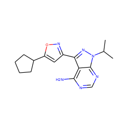 CC(C)n1nc(-c2cc(C3CCCC3)on2)c2c(N)ncnc21 ZINC000653753166