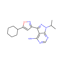 CC(C)n1nc(-c2cc(C3CCCCC3)on2)c2c(N)ncnc21 ZINC000653778453