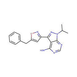 CC(C)n1nc(-c2cc(Cc3ccccc3)on2)c2c(N)ncnc21 ZINC000653775499