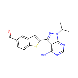 CC(C)n1nc(-c2cc3cc(C=O)ccc3s2)c2c(N)ncnc21 ZINC000064503881