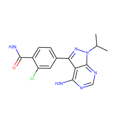 CC(C)n1nc(-c2ccc(C(N)=O)c(Cl)c2)c2c(N)ncnc21 ZINC000064503429